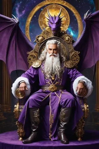 Majestic dragon god, powerful, muscular, ancient, wise eyes, golden scales, intricate horns, flowing white beard, luxurious purple robe, ornate clockwork mechanisms, gears, cogs, steam punk elements, 