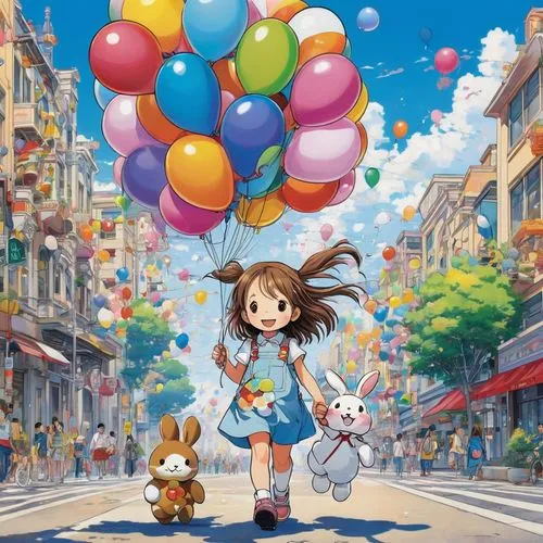 little girl with balloons,colorful balloons,balloon,balloons,happy birthday balloons,balloon trip,balloonist,balloons flying,star balloons,studio ghibli,corner balloons,kites balloons,ballon,pallonji,cloudstreet,birthday balloons,blue balloons,hosoda,nouaimi,ballons,Illustration,Abstract Fantasy,Abstract Fantasy 13