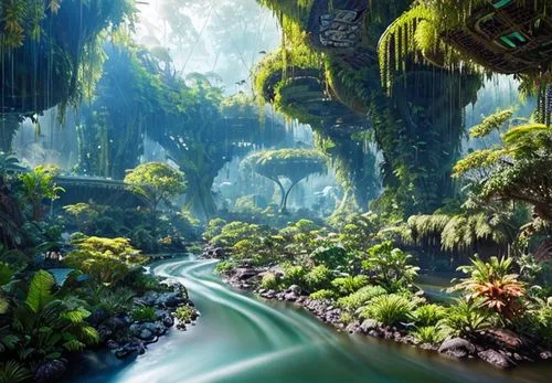 A futuristic rain forest, with some rivers passing through the landscape, panoramic view,green waterfall,rain forest,rainforest,fantasy landscape,tropical jungle,elven forest,fairy forest,fairy world,