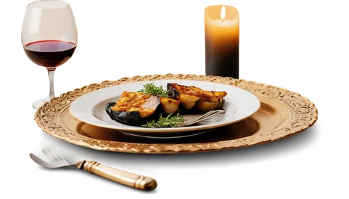 Gourmet food, luxurious dinner, solo dish, golden plate, ornate silverware, wine glass, candlelight, soft focus, shallow depth of field, warm color tone, cinematic composition, detailed texture, reali