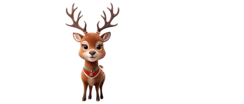 Christmas reindeer, Santa's helper, festive antlers, red nose, shiny brown fur, white belly, detailed eyes, jingling bells, harness, snowy background, 3/4 composition, soft warm lighting, cinematic at