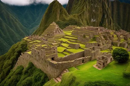 Inca architecture, ancient civilization, stone walls, intricate carvings, red terracotta roofs, narrow windows, ornate doorways, Machu Picchu, Andes mountains, lush green forests, misty atmosphere, wa