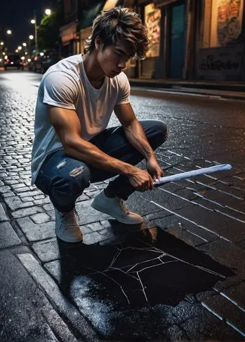 Street artist, young man, muscular arms, messy hair, casual clothing, jeans, white T-shirt, sneakers, holding chalk, creating bat silhouette on pavement, city street, night scene, dim lighting, neon s