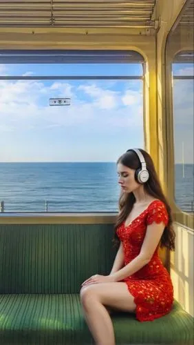 un vestido largo, rojo con flores, vintage,a woman sitting on a bench next to the ocean,the girl at the station,train ride,queensland rail,greenscreen,gondry,amelie