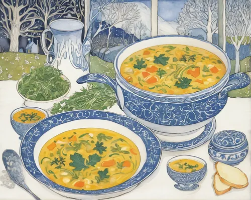 scotch broth,vegetable soup,chicken soup,ezogelin soup,cream of pumpkin soup,vichyssoise,pumpkin soup,vegetable broth,corn chowder,lentil soup,soup bowl,leek soup,soup,manchow soup,carrot and red lentil soup,chicken broth,pea soup,hokkaido soup ginger,snowy still-life,tripe soup,Illustration,Retro,Retro 23