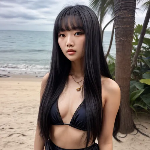 Wearing a black bikini, on a beach at the water's edge,asian semi-longhair,oriental longhair,青龙菜,asian girl,beach background,sanya,bangs,phuquy,mai tai,bia hơi,asian vision,vietnamese,japanese idol,as