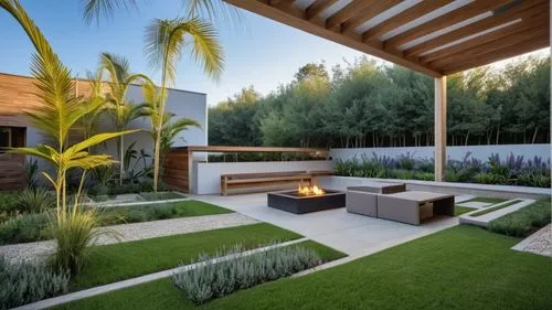 Pergola, conversation area, seating, cushions, fire pit, lush tropical landscape, palms, red and yellow, Florida sunset, wood accents, modern,landscape design sydney,landscape designers sydney,garden 