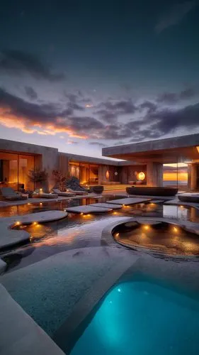 infinity swimming pool,pool house,roof top pool,dunes house,luxury home,outdoor pool,blue hour,luxury property,roof landscape,palm springs,modern architecture,landscape lighting,modern house,beautiful