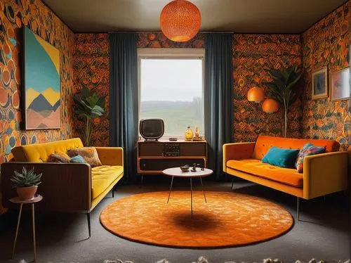 mid century modern,mid century house,teal and orange,mid century,wallcovering,great room,gournay,sitting room,the living room of a photographer,wallcoverings,fromental,danish room,bohemian art,boho art style,candy corn pattern,wallpapered,retro lampshade,interior design,yellow wallpaper,murcott orange,Conceptual Art,Daily,Daily 30