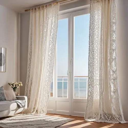 window with sea view,lace curtains,window curtain,valances,curtains,a curtain,Photography,General,Realistic