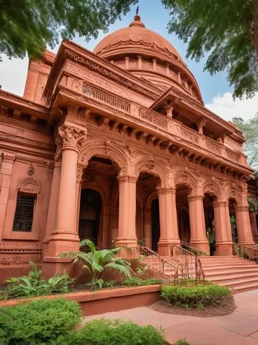 W.I.C (Women's Indian Chamber) building, intricate stone carvings, grand entrance, ornate columns, majestic dome, symmetrical facade, red sandstone walls, lush greenery surroundings, vibrant flower be