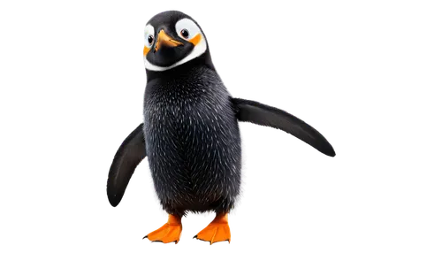 Penguin, solo, (adult), black and white feathers, yellow eyes, orange beak, flippers, waddling, snowflake-like feathers, icy blue background, low-angle shot, cinematic lighting, 3/4 composition, shall