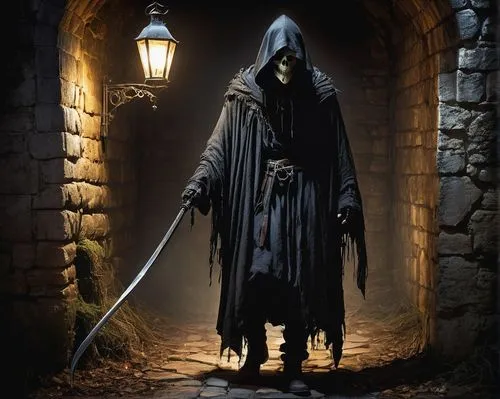 grim reaper, male, dark hood, white bone mask, black cloak, tattered edges, worn boots, scythe in hand, standing, spooky atmosphere, dim lantern light, old stone walls, abandoned castle, eerie mist, 3