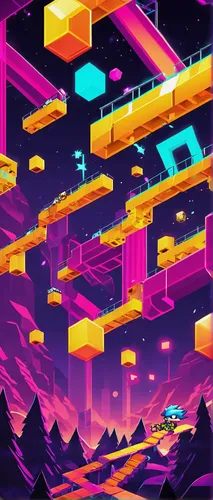 futuristic landscape,80's design,retro background,abstract retro,mobile video game vector background,neon arrows,cubes,80s,isometric,space port,pixel cells,cubic,scifi,game illustration,ufo interior,zigzag background,tetris,spaceship space,alien world,trip computer,Illustration,Children,Children 02