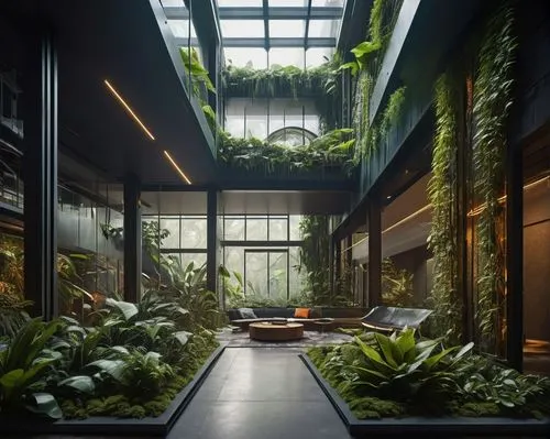 Interior, futuristic, architectural design, sleek lines, glass walls, steel beams, minimalist aesthetic, abstract shapes, LED lights, ambient glow, urban jungle, indoor ecosystem, diverse flora, lush 