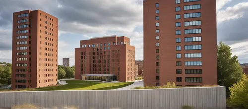 modern architecture with large windows, the building in the center - 11 floors with floor-to-ceiling windows, walls - burnt brick colored porcelain tiles, in the foreground - a busy road, in the backg