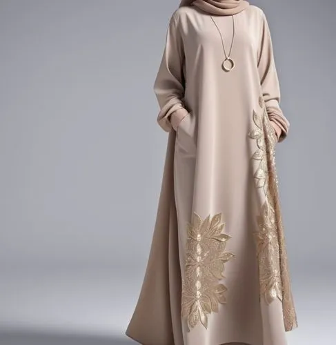 3d fashion drawing for Muslim hijab with 4k with loose design with  with suede with dots with ،with 3d drawing ,the dress in beige and gold has a flower design on the chest,abayas,abaya,kaftan,tahilia