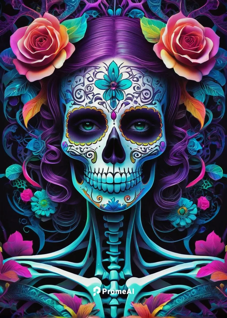 Trippy, skeleton, wallpaper, psychedelic colors, neon glow, dark background, detailed bones, ornate decorations, sugar skull-inspired makeup, floral patterns, swirling shapes, abstract design, 3D-like