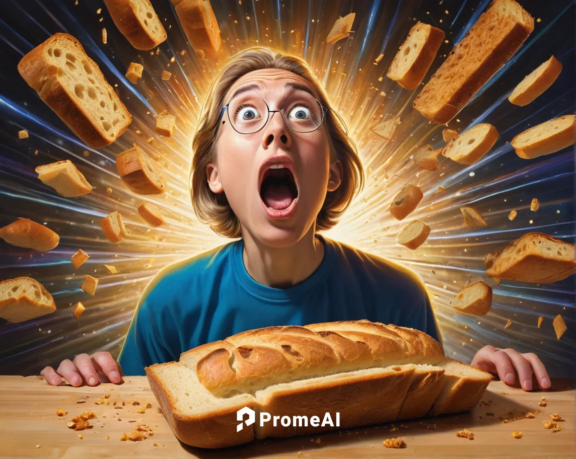 teleporting bread, meme, cartoon style, surprised expression, wide eyes, open mouth, comical pose, loaf of bread, mid-teleportation effect, glowing edges, particles, kitchen background, toaster, scatt