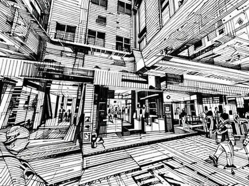 ginza,comic style,wireframe,shibuya,wireframe graphics,shopping street,shibuya crossing,store fronts,townscape,motomachi,shopping mall,mono-line line art,virtual world,kowloon city,city scape,tokyo ci