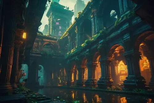 undercity,labyrinthian,ancient city,theed,ruin,bioshock,strangehold,underworlds,sanctum,3d fantasy,hall of the fallen,sunken church,ruins,dungeon,environments,voxel,crypts,shader,pillars,fractal environment,Conceptual Art,Sci-Fi,Sci-Fi 26