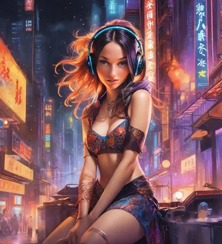 a vibrant and intricate neon city comes to life in the style of Chinapunk. The girl in the top, with dark and intricate hairs and piercing hues, is transported back into the era of traditional Chinese