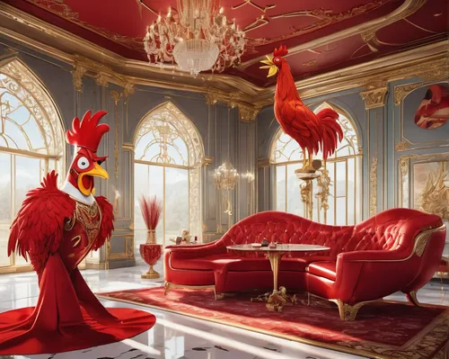 cockerel,bird kingdom,prince of wales feathers,redcock,ornate room,red bird,royal interior,chicken run,bird bird kingdom,the crown,red hen,the throne,monarchy,crown render,gallus,wing chair,anthropomorphized animals,royal crown,decoration bird,four poster,Photography,Fashion Photography,Fashion Photography 04