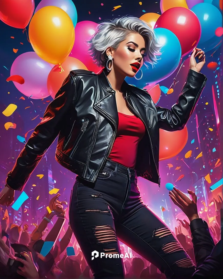 Vibrant event poster, colorful neon lights, futuristic background, DJ stage, crowded dance floor, excited partygoers, confetti and balloons floating in air, glamorous female DJ, short silver hair, bol