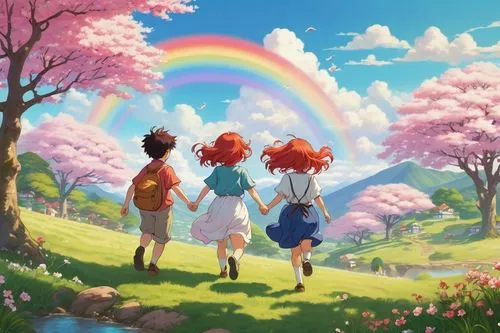 Ponyo landscape, fantasy world, colorful, vibrant, cherry blossom trees, sparkling rainbow waterfall, fluffy white clouds, sunny day, warm light, gentle breeze, rolling hills, lush green grass, Poyo a