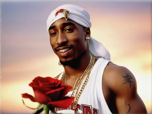 Tupac Shakur, hip hop legend, wearing gold chain, bandana, white tank top, baggy jeans, Air Jordan sneakers, holding a long-stemmed red rose, gentle smile, soft lighting, warm tone, blurred background