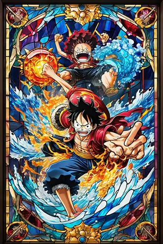 Design an intense battle scene from One Piece with Luffy using his Gear Fourth against a formidable enemy.,my hero academia,monsoon banner,fire background,playmat,alibaba,birthday banner background,so