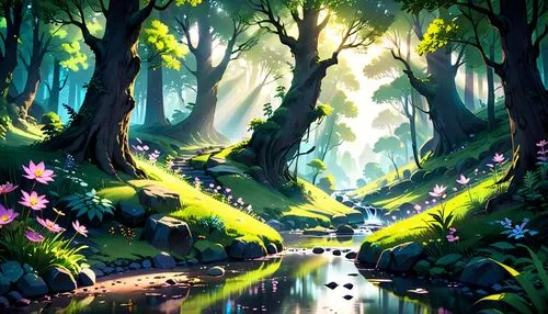 fairy forest,forest path,forest road,forest glade,elven forest,rainforest,Anime,Anime,Cartoon