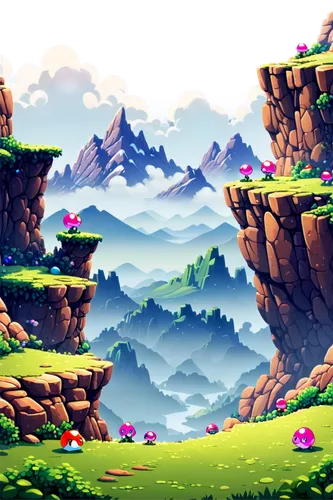 zoombinis,mushroom landscape,cartoon video game background,platformers,platformer,platforming,mushroom island,mountain world,frog background,paisaje,rayman,background design,fairy world,battletoads,lemmings,chasm,backgrounds,wayforward,earthbound,mountainous landscape,Unique,Pixel,Pixel 02