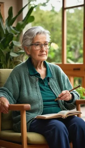 Alzheimer's patient, gentle facial expression, wrinkles, silver hair, glasses, simple clothing, walking stick, calm atmosphere, modern care facility, natural lighting, wooden furniture, soft cushions,