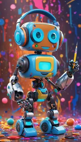 cartoonish, AI-generated, humorous, robot, shiny metal body, bright blue eyes, goofy expression, messy brown hair, oversized headphones, colorful buttons, flashing lights, robotic arms, holding a pain