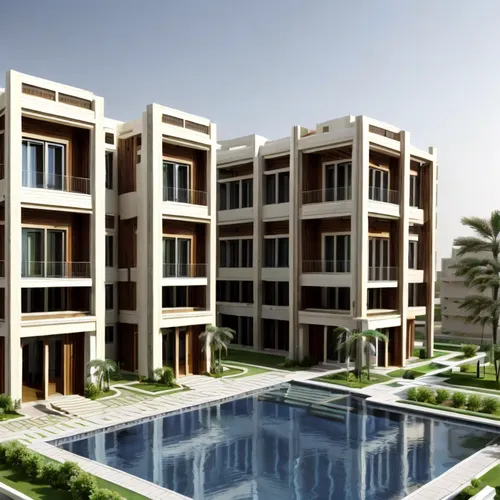 "Develop an environmentally sustainable master plan for a residential area in Muscat, Oman, consisting of buildings with three floors each. Prioritize energy-efficient and eco-friendly design principl