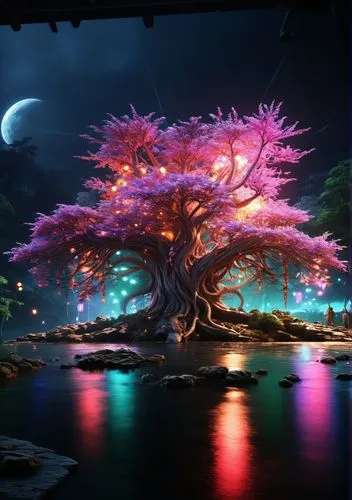 galaxy,space,venus,neptune,forest,pink,clolofull,large tree with full moon in the background at night,colorful tree of life,magic tree,cartoon video game background,tree of life,yggdrasil,3d backgroun