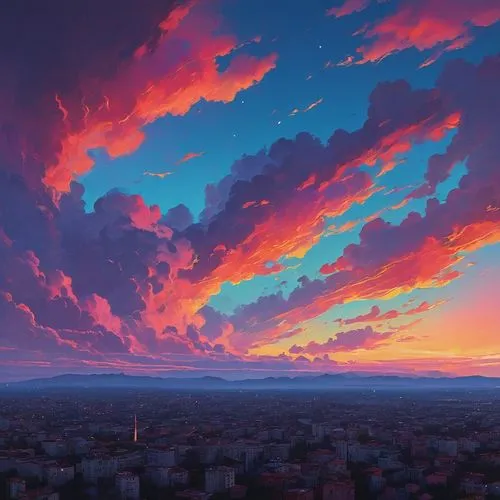 sky,dusk,cielo,above the city,sky apartment,skies,evening sky,red sky,world digital painting,dusk background,sunset,cielos,horizon,cityscape,sky clouds,skyscape,digital painting,aivazovsky,palmanova,baconsky,Conceptual Art,Fantasy,Fantasy 14