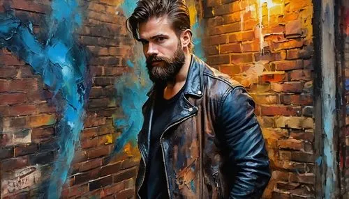 Mysterious Carl, one eye patched, handsome male, 30s, rugged beard, messy brown hair, worn leather jacket, black tank top, ripped blue jeans, scuffed combat boots, leaning against a rundown brick wall