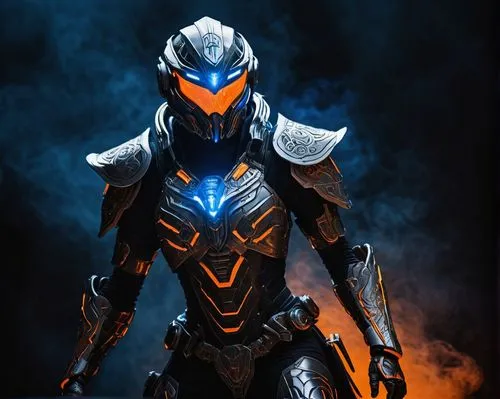 Tenno warrior, sci-fi futuristic armor, metallic silver and blue hues, glowing orange eyes, intricate circuitry patterns, dynamic pose, energetic aura, levitating in mid-air, dramatic spotlight, dark 