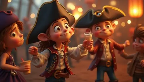 funny pirates makien fun,party, dancing,drinking for kids, cartoon stule in Cinematic Tones, with a focus on storytelling and emotional depth, using warm, earthy shades of bronze and purple to evoke a