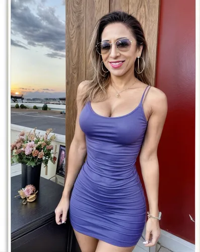 a smiling woman in a purple dress stands outside a house,marisela,mickie,benzino,tamina,sarita,araceli