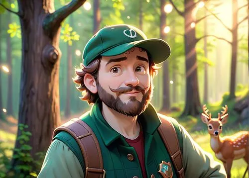 A 40 year old man, he is a forester, he is wearing a cap with a deer logo on it, his beard is chesnuts colored, hes is wearing forester clothes green and brown colored,the young man in the forest is l