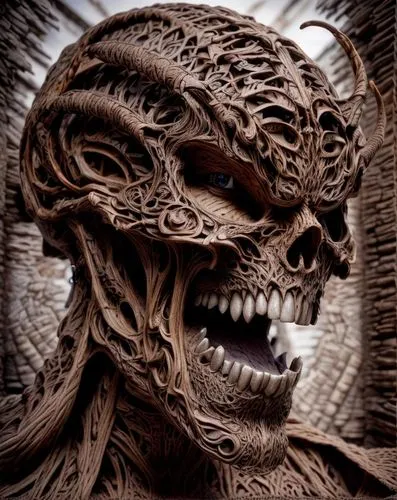 hag,fractalius,gorgon,teeth,reptilian,wooden mask,skull sculpture,wood skeleton,death head,barong,death god,flesh eater,supernatural creature,endoskeleton,wood carving,metal,primitive man,death's head,shaman,dark art