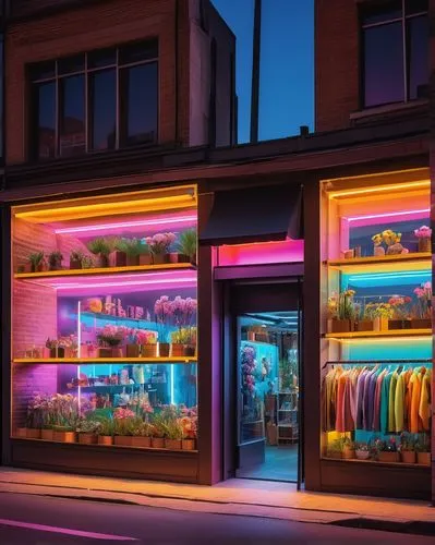 Colorful pop-up shop, trendy graphics, 3D sign, bright LED lights, transparent glass walls, modern minimalistic interior, wooden shelves, display racks, fashionable clothes, accessories, decorative fl