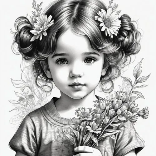 A beautifully rendered black-and-white pen and ink sketch of a little girl with flowers in her hands, The charming subject has a striking jawline and enigmatic eyes that seem to hold a world of secret