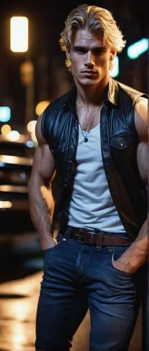 Sexy blond man, muscular physique, strong jawline, piercing blue eyes, chiseled facial features, messy blond hair, rugged skin, sleeveless shirt, low-rise jeans, black leather belt, confident posture,