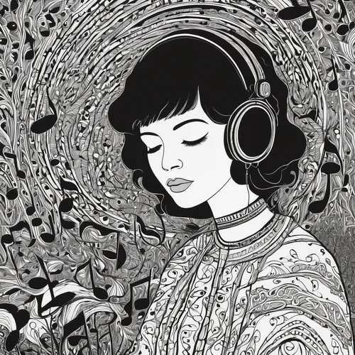 audiophile,listening to music,stereophonic sound,music,music player,headphone,headphones,shirakami-sanchi,telephone operator,geisha girl,cool woodblock images,beautiful sound,psychedelic art,listening,geisha,anna may wong,music system,amplification,head phones,electronic music,Illustration,Black and White,Black and White 21