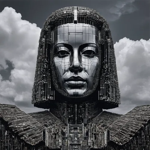 the sphinx,photomontage,sphinx,louvre,metropolis,louvre museum,maat mons,somtum,random access memory,universal exhibition of paris,the moai,sphinx pinastri,photomanipulation,queen cage,stone angel,angel head,horus,ramses ii,stone statues,temples,Photography,Black and white photography,Black and White Photography 10