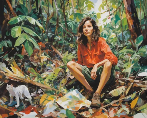 oil painting,jungle,han thom,oil on canvas,oil painting on canvas,girl in the garden,girl with tree,rainforest,girl with dog,oil paint,girl sitting,potrait,vietnam,woman sitting,self-portrait,rain forest,mangroves,kaew chao chom,vietnamese woman,mystical portrait of a girl,Conceptual Art,Oil color,Oil Color 18